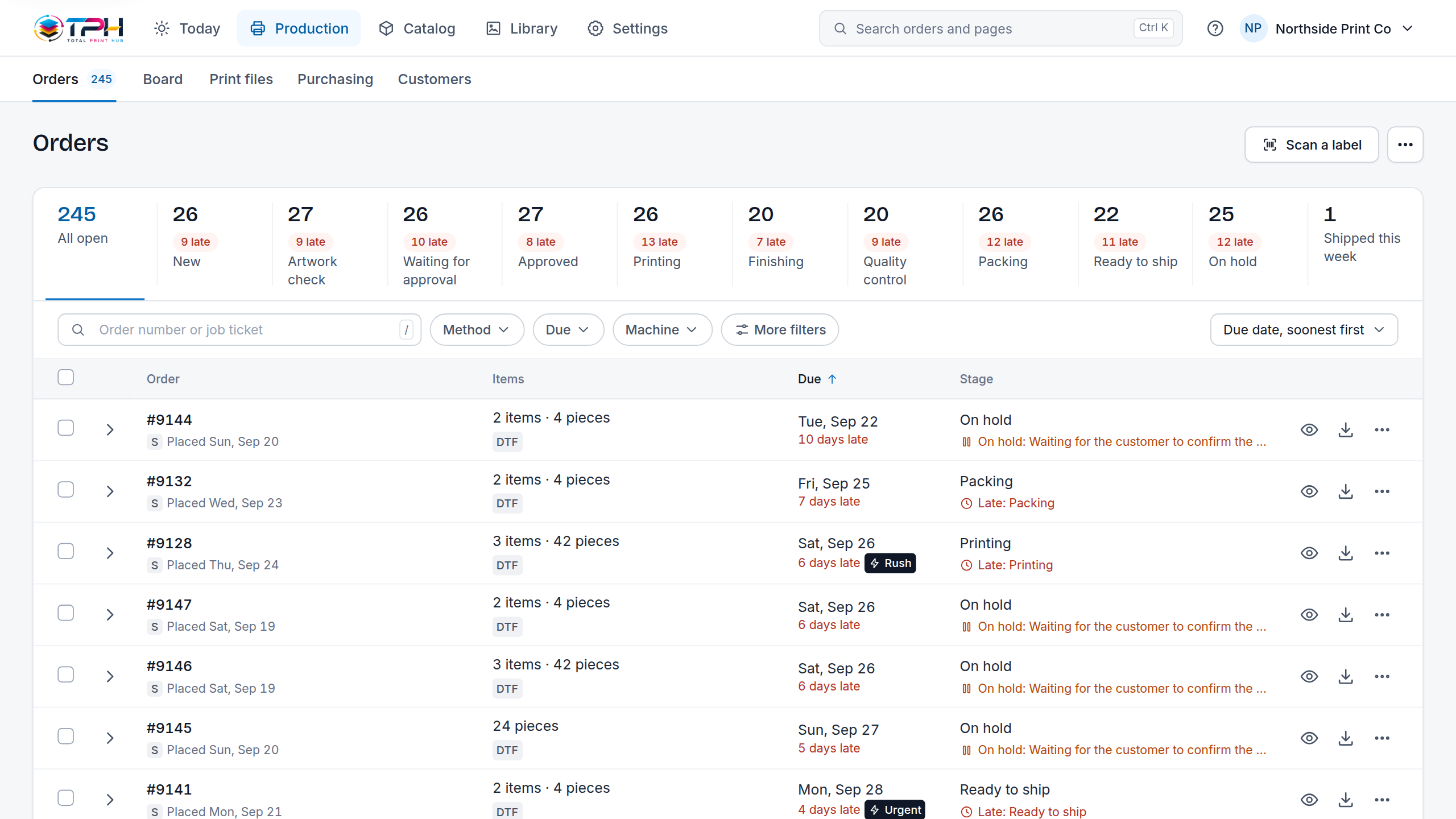 Orders in the Total Print Hub Admin: 245 open orders counted by stage, late counts, rush and urgent jobs, and the reason each order is on hold.