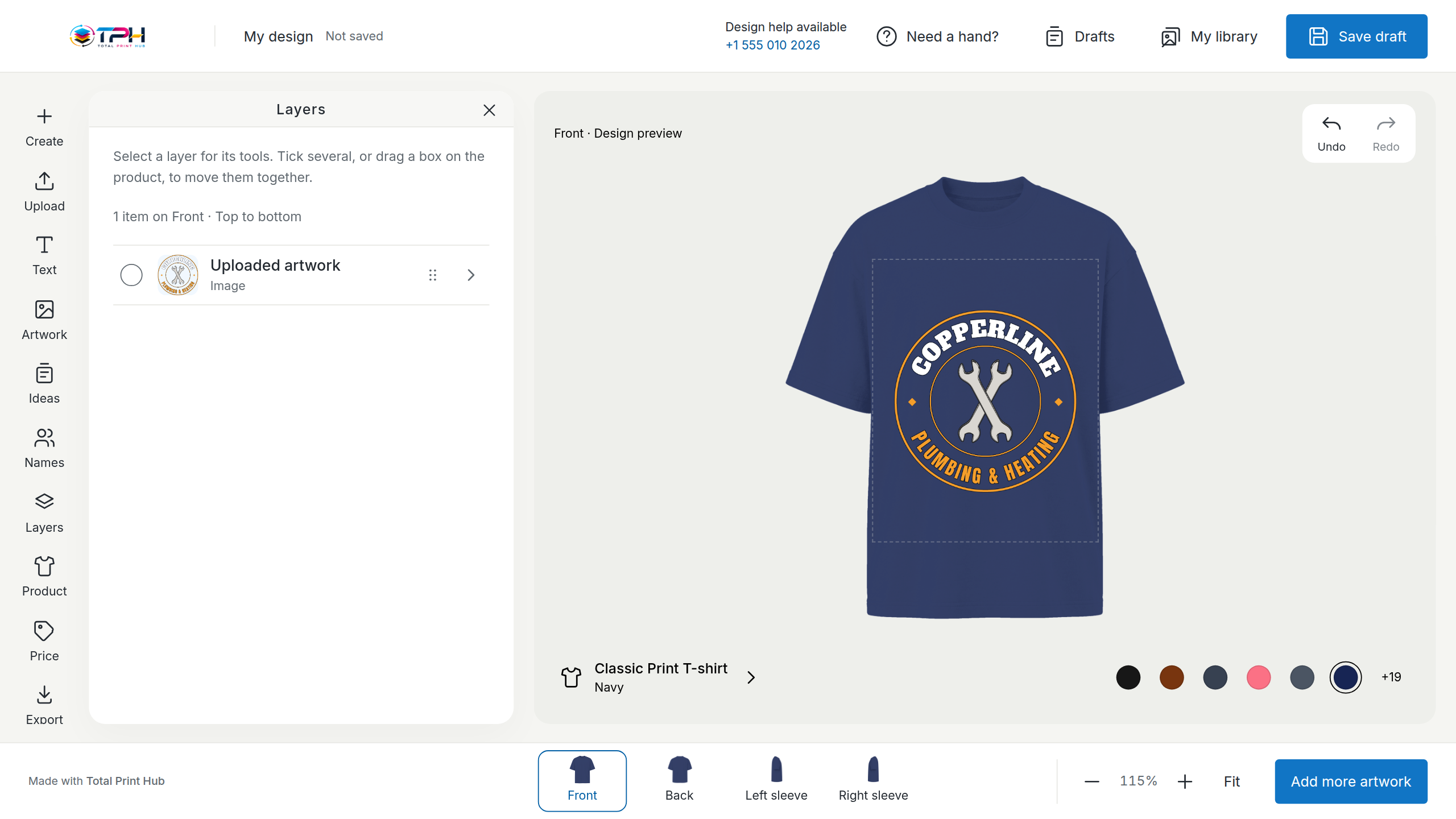 The Design Studio with the Copperline Plumbing & Heating round badge on the front of a navy T-shirt: the name arched over two crossed wrenches inside a copper ring, 13 in wide inside the print area, with its layer listed.
