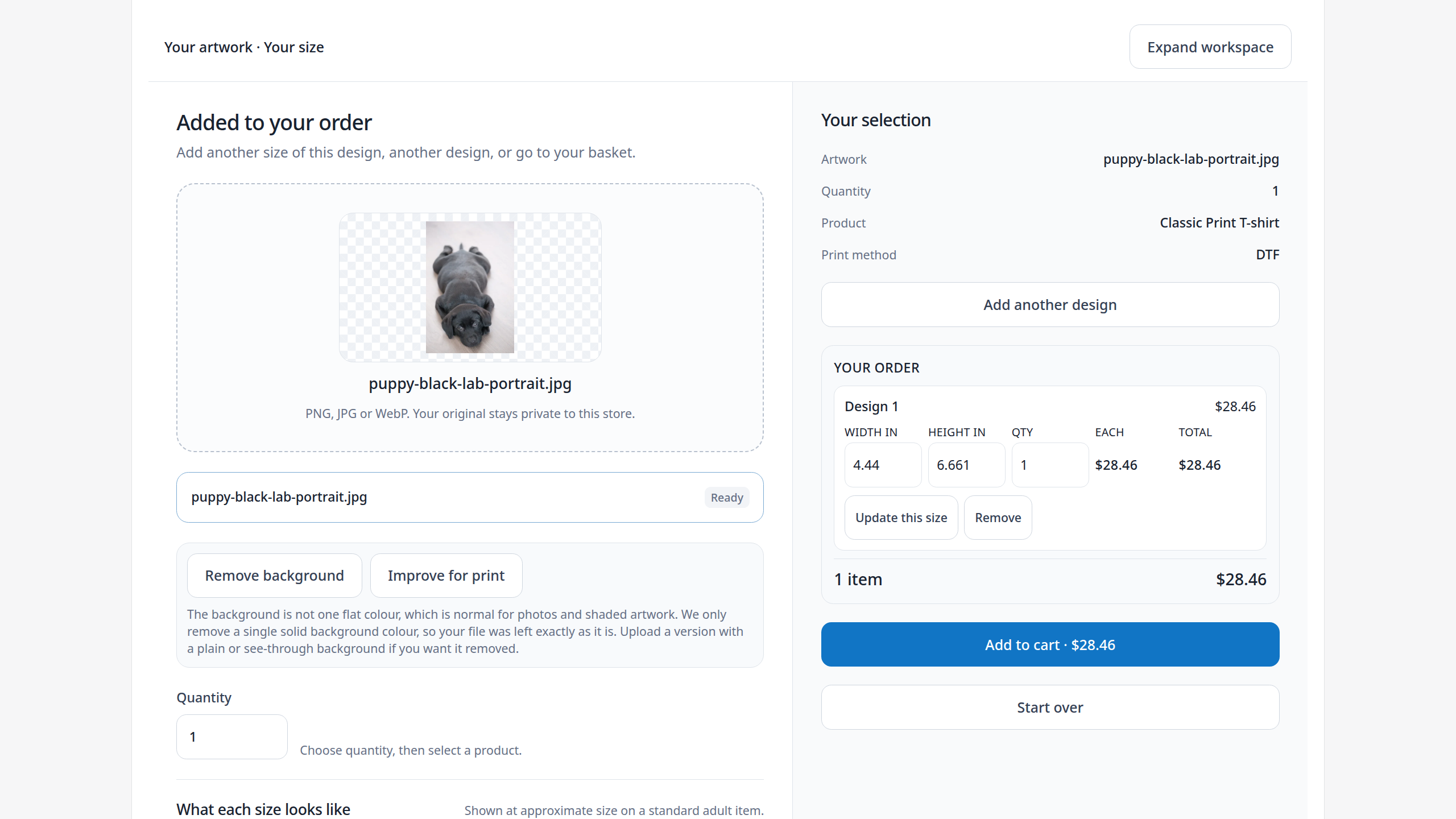 The real Total Print Hub Instant Merch workspace after a size is added: the order line with its printed width, height, quantity and price, and Add to cart