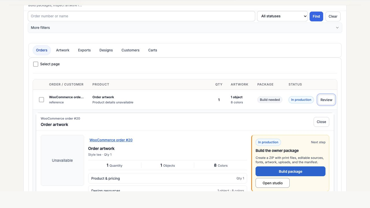 The real Total Print Hub production order view showing artwork resources and owner-package controls