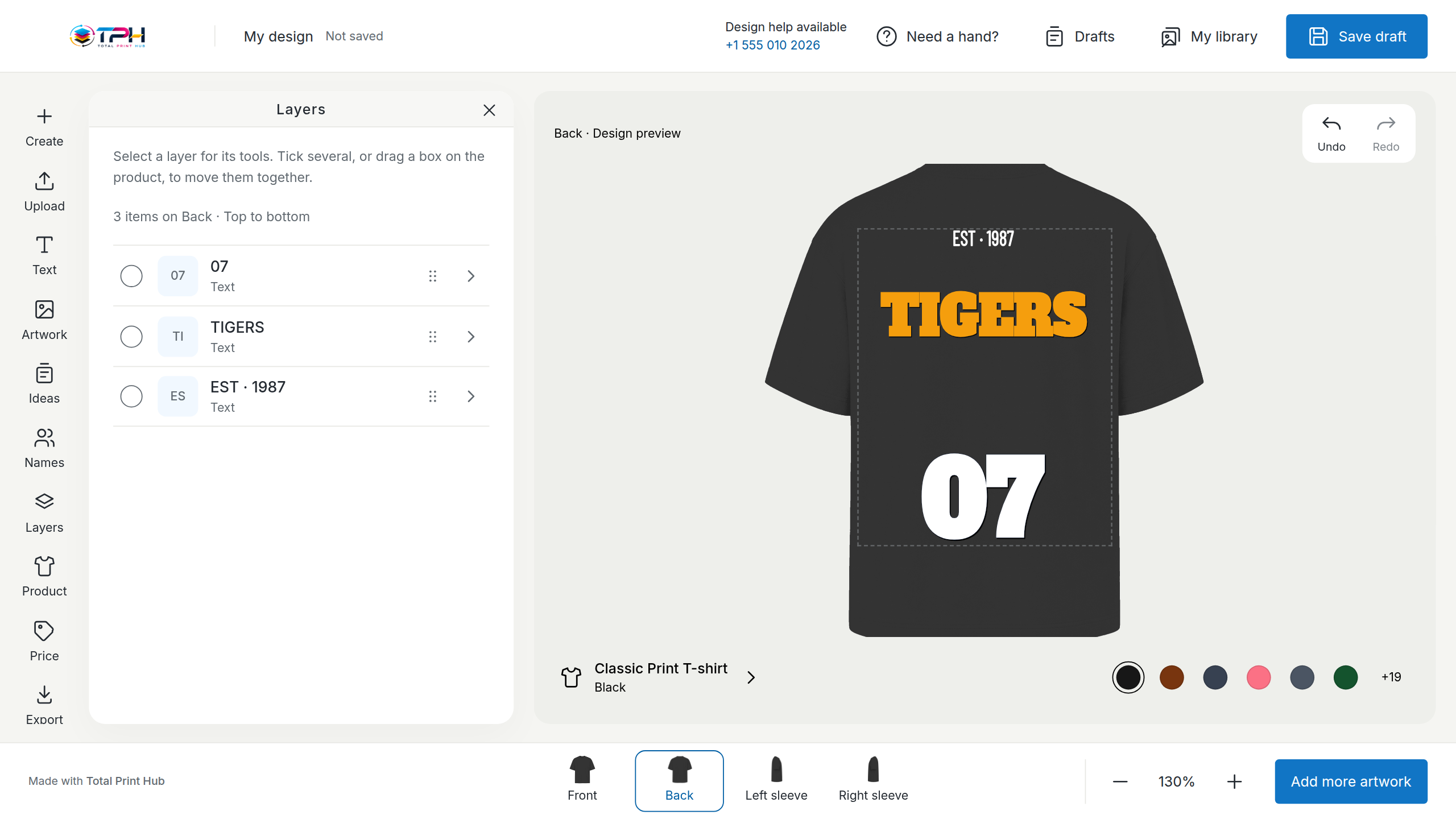The back of the same Riverside Tigers T-shirt in the Design Studio: EST · 1987, TIGERS in amber and the number 07, each its own layer.